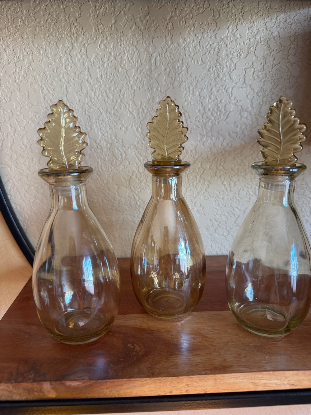 Set of 3 Art Deco Style Amber Iridescent Glass Leaf Perfume Vases with Stopper